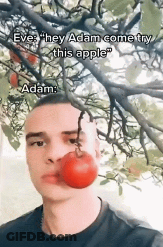 Man With Red Apple In Mouth Says Hey Adam Come Try This Apple GIF
