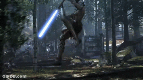 Man With Red Light Saber Fights Man With Blue Saber GIF