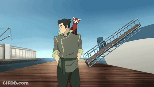 Man With Red Panda On Shoulder Standing On Dock GIF