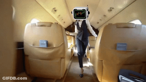 Man With Robot Head Talks To Another Man On Plane Wing GIF