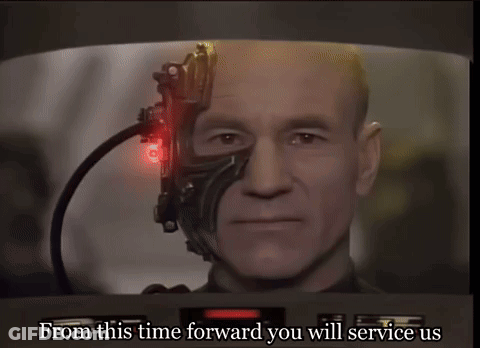 Man With Robotic Face Saying From This Time Forward You Will Service Us GIF