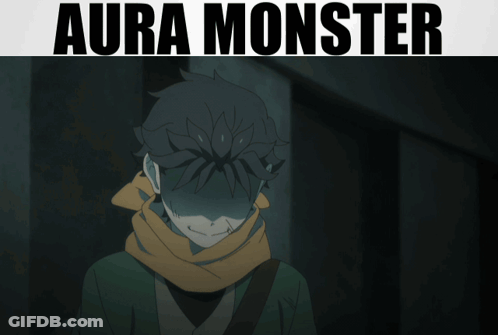 Man With Scarf In Dark Room With Aura Monster Text GIF