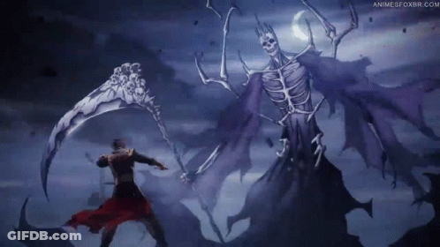 Man With Scythe Standing In Front Of Skeleton GIF