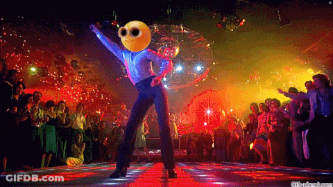 Man With Smiley Face On Head Dancing In Disco GIF