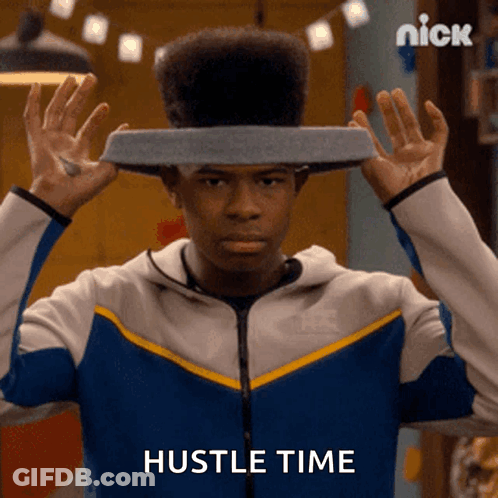 Man With Sponge On Head Saying Hustle Time GIF