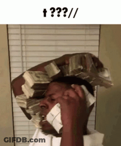 Man With Stack Of Money On Head Talking On Cell Phone GIF