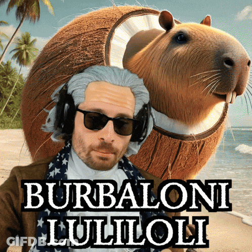 Man With Sunglasses And Headphones Next To Capybara Saying Burbaloni Lulioli GIF
