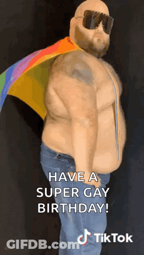 Man With Sunglasses And Rainbow Flag Says Have A Super Gay Birthday GIF