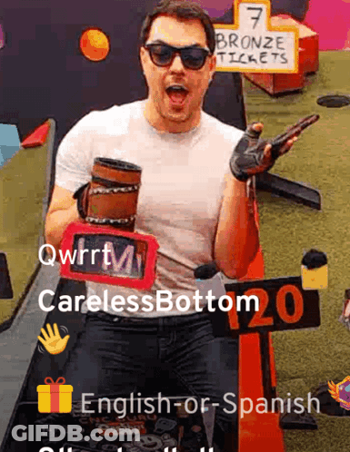 Man With Sunglasses Bucket And Bronze Tickets Sign GIF