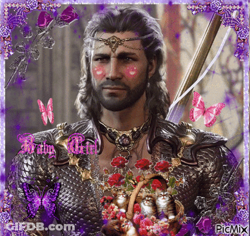 Man With Sword And Basket Of Kittens With Purple Butterflies Picmix GIF