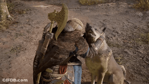 Man With Sword And Dog On Back GIF