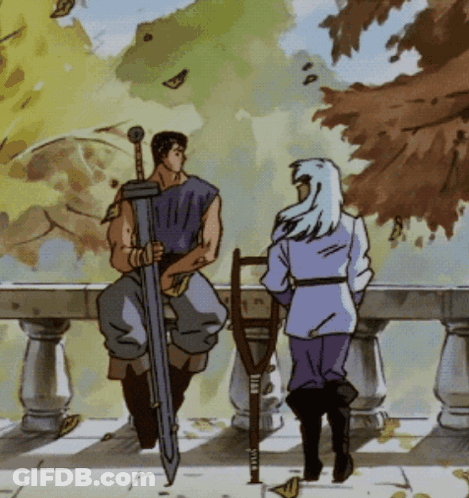 Man With Sword And Woman With Crutches GIF