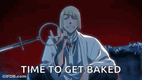 Man With Sword Holding Magnifying Glass Time To Get Baked GIF