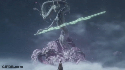 Man With Sword In Front Of Dragon Statue GIF