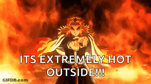 Man With Sword Near Fire Saying Extremely Hot Outside GIF