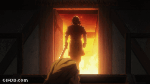 Man With Sword Standing In Doorway With Fire GIF