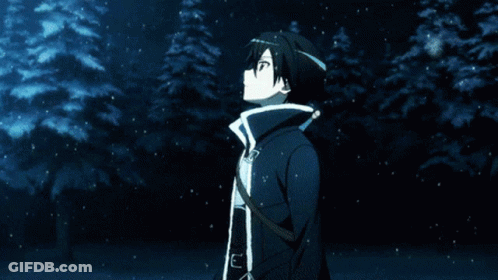 Man With Sword Standing In Snow Looking Up GIF