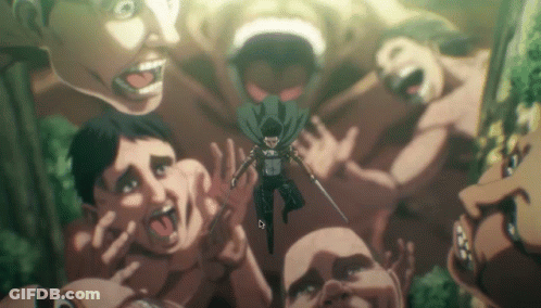 Man With Sword Surrounded By Giant Monsters GIF