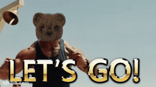 Man With Teddy Bear On Head Saying Let's Go GIF