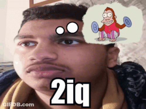 Man With Thought Bubble Of Monkey Lifting Dumbbell And 2Iq GIF