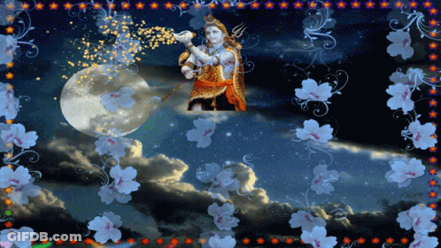 Man With Trident Surrounded By Flowers And Moon GIF