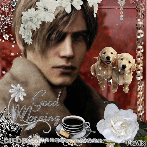 Man With Two Puppies And Good Morning Coffee GIF