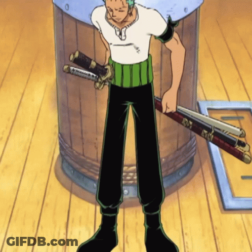 Man With Two Swords In White Shirt And Green Pants GIF
