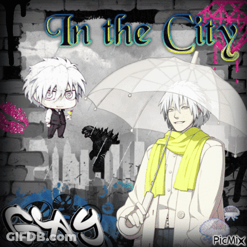 Man With Umbrella And Words In The City GIF