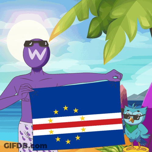 Man With W On Head Holding Flag On Beach GIF