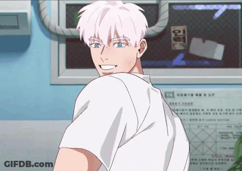 Man With White Hair And Blue Eyes Smiling In Front Of In Sign GIF