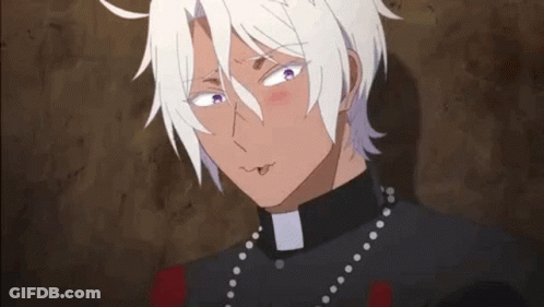 Man With White Hair And Priest Collar Making Face GIF