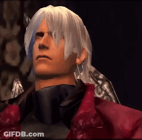Man With White Hair And Red Jacket Looking At Camera GIF