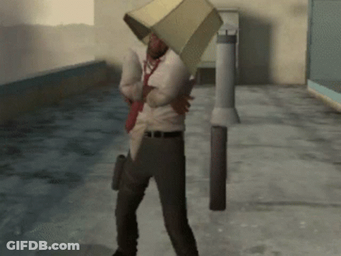 Man With White Shirt And Tie Holding Cardboard Box Overhead GIF