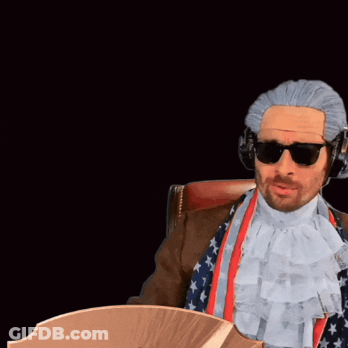 Man With Wig And Sunglasses Next To Card Saying RW Cam GIF