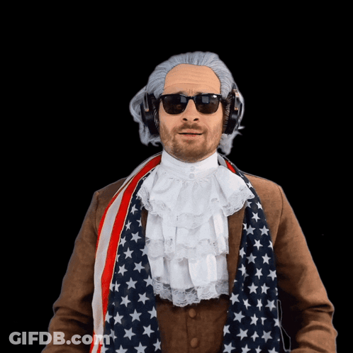 Man With Wig, Sunglasses, Headphones, American Flag Scarf GIF