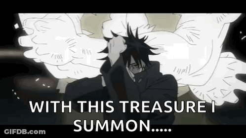 Man With Wings Standing Before Demon Saying With This Treasure I Summon GIF