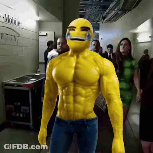 Man With Yellow Face Standing By Mobile Sign GIF