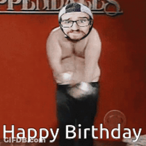 Man Without Shirt In Front Of Happy Birthday Wall GIF