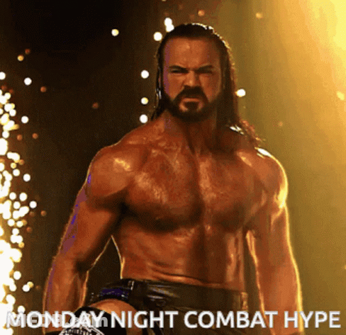 Man Without Shirt In Front Of Monday Night Combat Hype Poster GIF