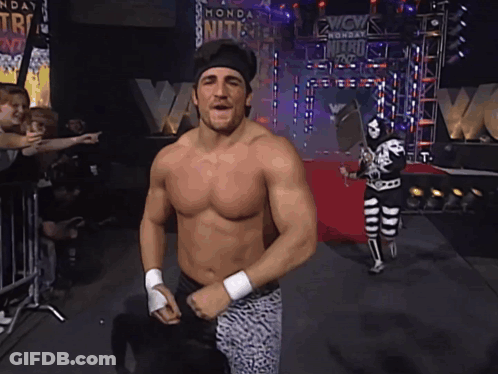 Man Without Shirt In Front Of Monday Night Sign GIF