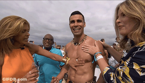Man Without Shirt Interviewed By Woman GIF