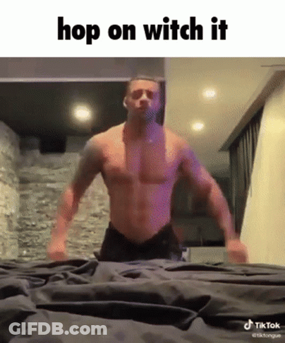 Man Without Shirt Jumping On Bed Hop On Witch It GIF