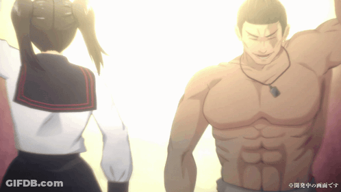 Man Without Shirt Next To Girl In Sailor Suit GIF