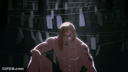 Man Without Shirt Sitting In Front Of レジスター Sign GIF