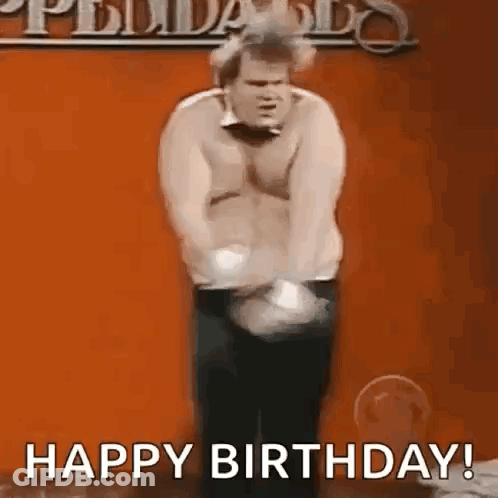Man Without Shirt Standing In Front Of Happy Birthday Sign GIF