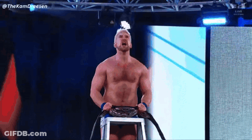Man Without Shirt Standing On Ladder With Rope Around Neck GIF