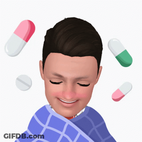 Man Wrapped In Blue Plaid Blanket With Pills Flying GIF