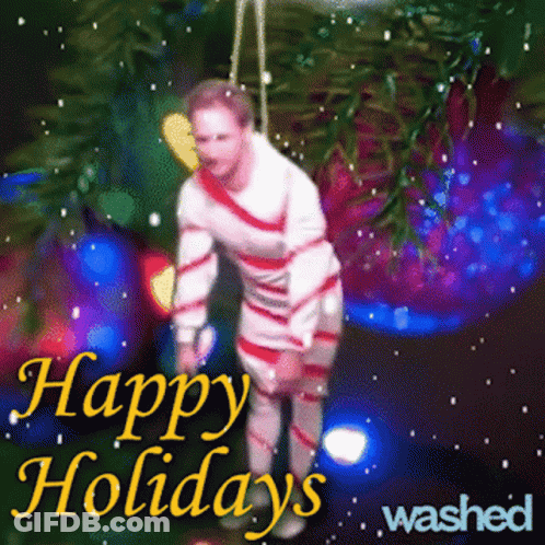 Man Wrapped In Candy Canes Saying Happy Holidays GIF