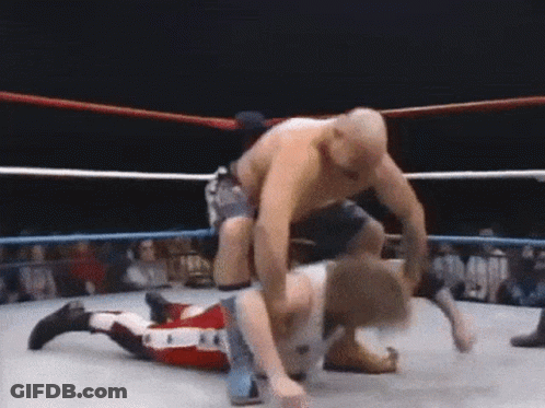 Man Wrestling Another Man In Ring With Crowd GIF