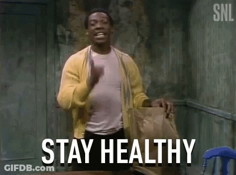 Man Yellow Cardigan With Bag Says Stay Healthy GIF